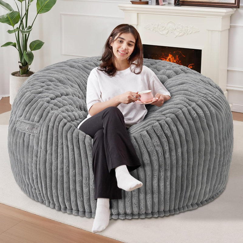 4 FT Bean Bag Chair,4' Big Bean Bag,Large Bean Bag Chairs For Adults With Memory Foam Filled,Comfy Beanbag Chairs Soft Bean Bag Sofa With Dutch Corded Plush Cover-Grey