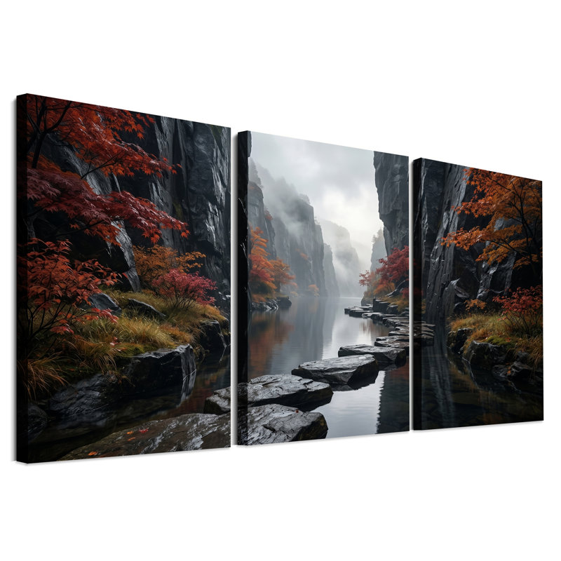 «Autumn Maple Canyon» avec ensemble de 3 toiles en pierre, H 30 po x l 20 po x 3 pièces