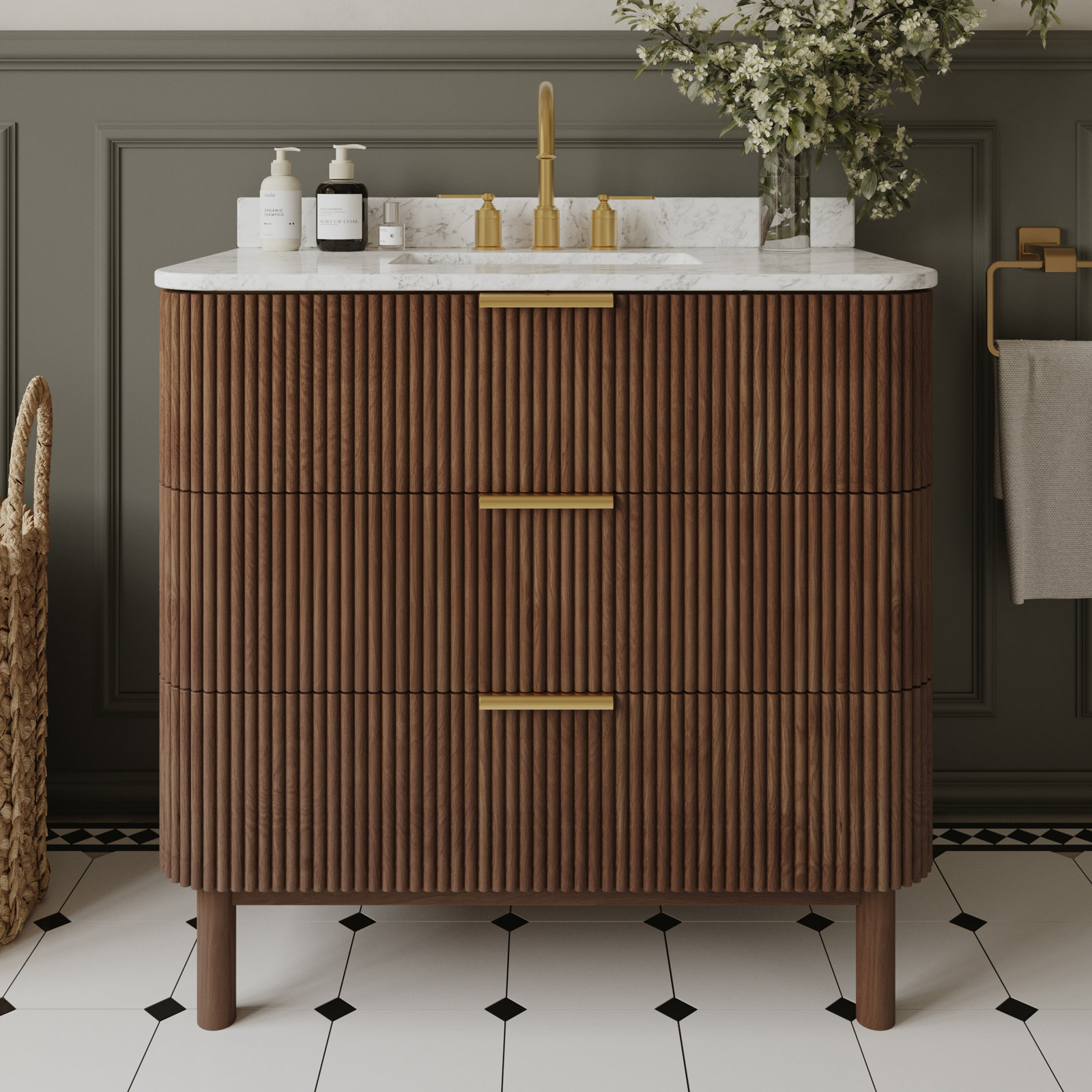 Nova 36" Carrara Marble Single Bathroom Vanity, Brown Reeded Birch