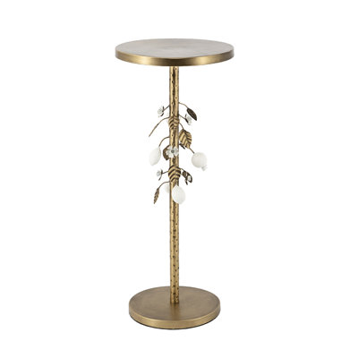 Round Iron Side Table With Gold And White Floral Elements, Cement Base, Great For End Table, 11.8x11.8x28.3 Inches, 7.4 Lbs, Assembly Required Adorned Can Be Display Pedestal, Needed