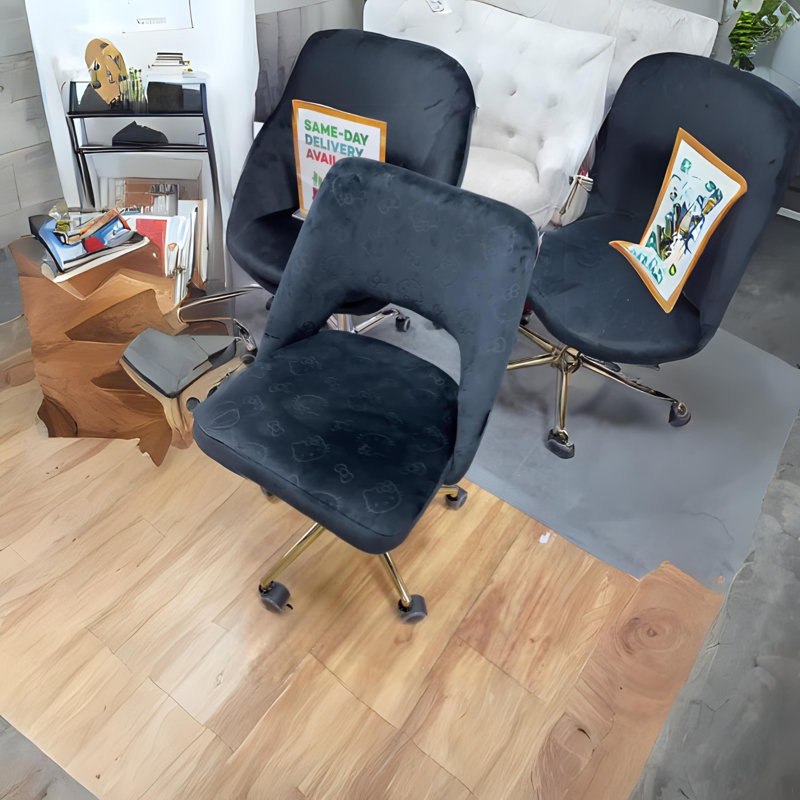 Moneik Hello Kitty Velvet Makeup Vanity Chair 360 Degrees Swivel Cute Desk Chair Wheels Golden Base, Black Velvet
