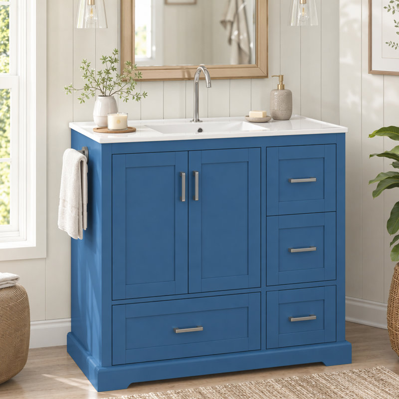 Meuble-lavabo simple 42 po avec plateau en pierre, Blue