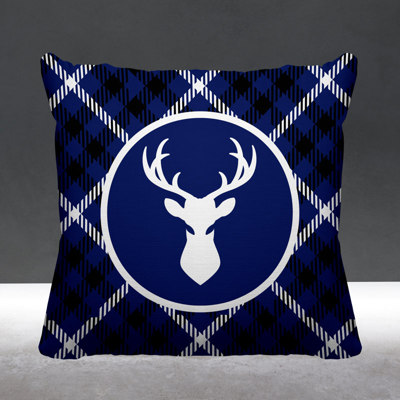 Coussin décoratif intérieur / extérieur Tartan Reindeer, L 15 po x H 15 po, Bleu marine