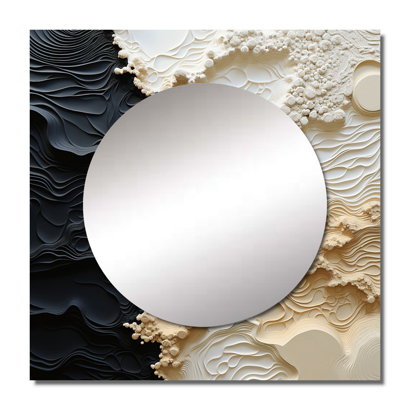 Peinture abstraite liquide crème et noire - miroir mural bord de mer carré pour chambre à coucher, 23 po x 23 po