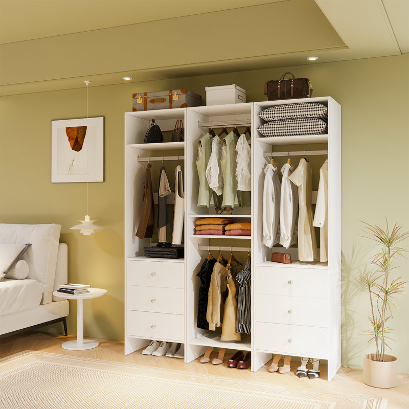 Système de garde-robe modulaire étroit, garde-robe autoportante blanche avec tringle suspendue et 3 tiroirs de rangement