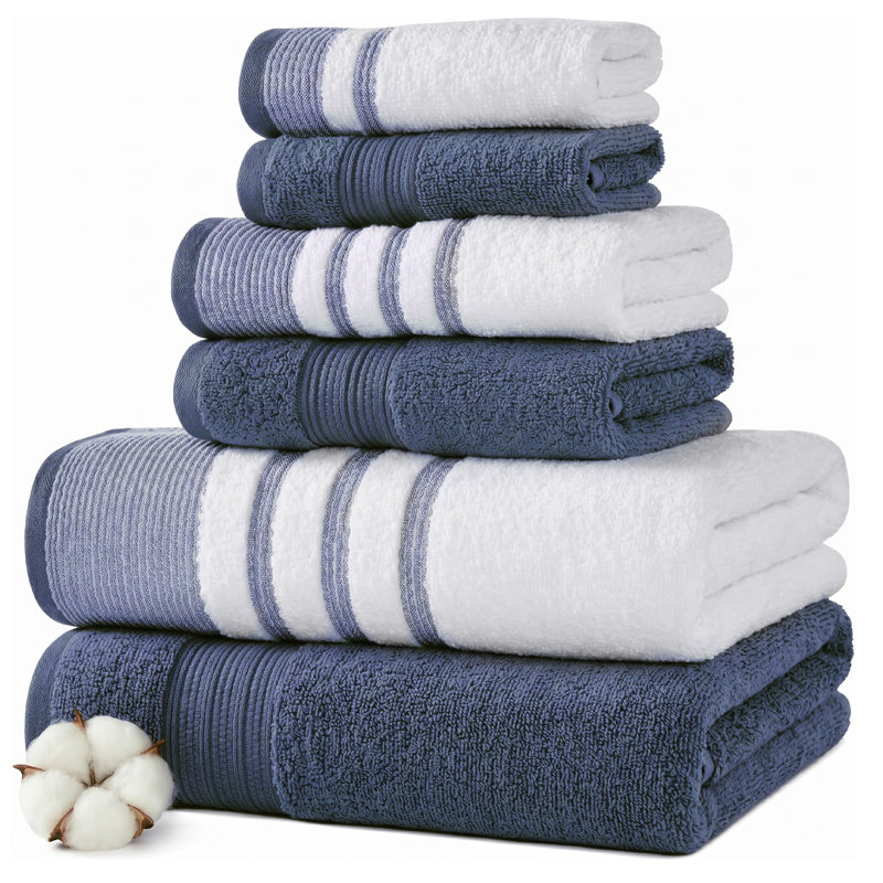 Modern Threads 6 Piece Set, 2 Bath Towels, 2 Hand Towels, 2 Washcloths, Quick Dry White/Contrast Reinhart, Denim