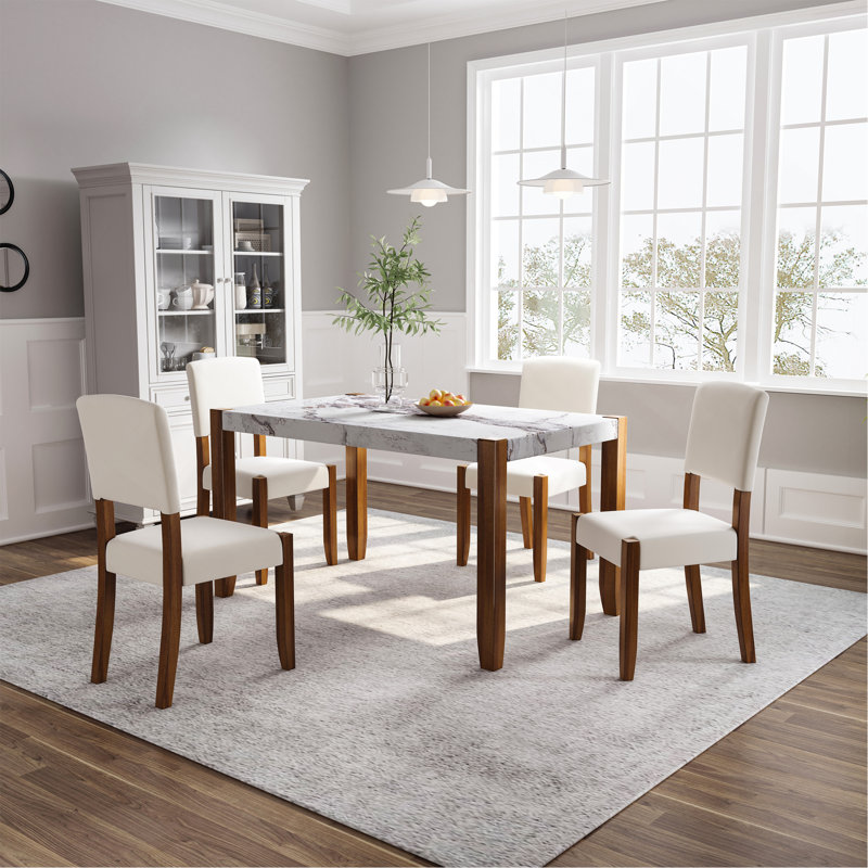 Eller 46.5-inch Modern Faux Marble Dining Table Set With Solid Wood Frame And 4 Chairs