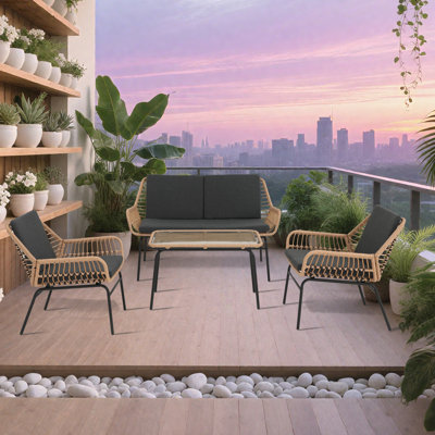 The Patio Rattan Natural Conversation Sets With 2 Accent Chairs & Loveseat Sofa & Tempered Glass Coffee Table(4 PCS)