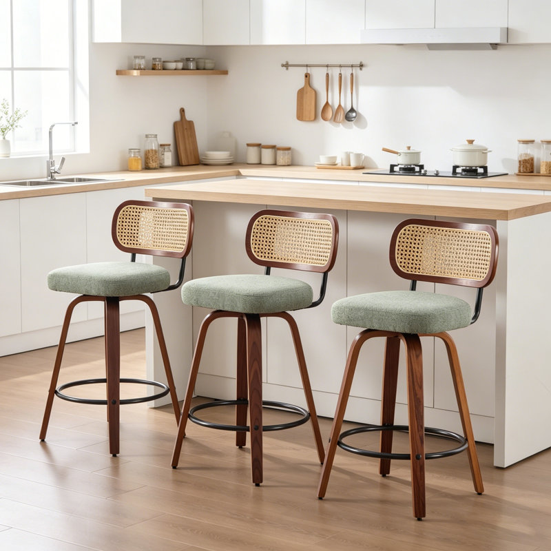 Set Of 3, 26-Inch Counter Height Bar Stools With Cane Rattan Back And Light Green Linen Upholstered Seat, Swivel Design For Kitchen And Bar