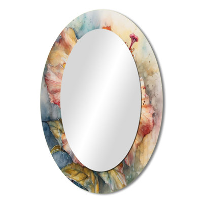 Orange Grey Hibiscus Euphoria II - Floral Oval Decorative Mirror On Metal