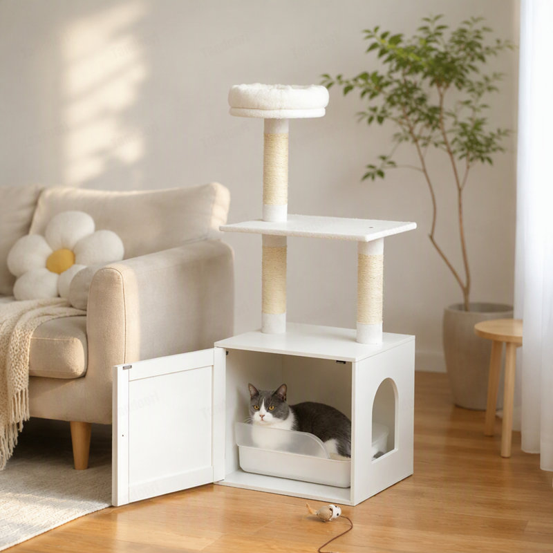 White  Cat Tree with Litter Box Enclosure