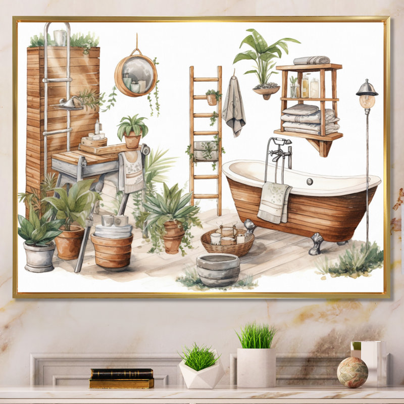 «Natural Bathroom Decor», reproduction d'art sur toile, Cadre flottant doré, H 24 po x l 32 po x P 1 po