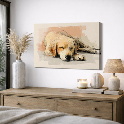 Sleeping Golden Retriever Dog Artwork, Cozy Cute Pet Illustration Animal Pictures, Framed Canvas Giclee Print Wall Art