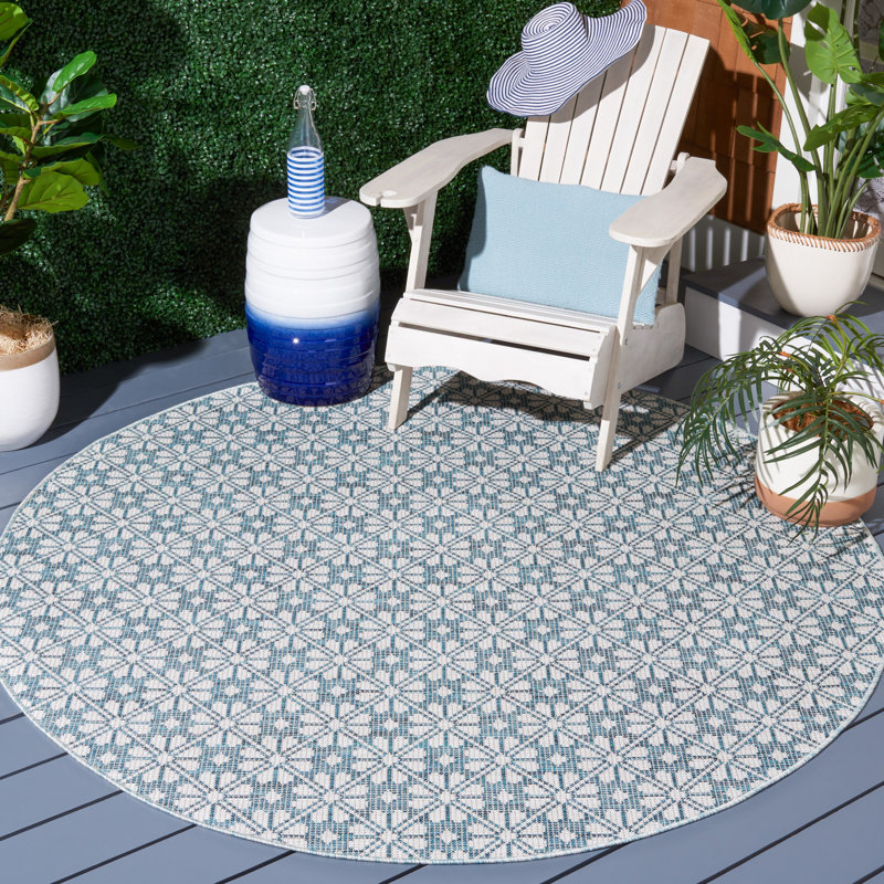 Blue and Beige Round Tufted Synthetic Area Rug, 6'5"