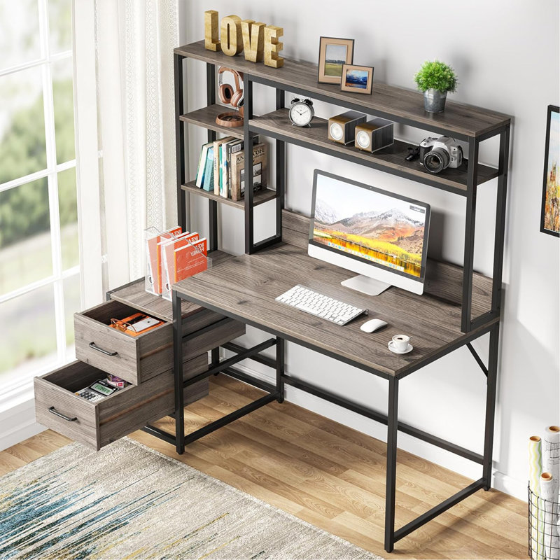 Bureau d'ordinateur gris de 55 pouces avec rehausse, 2 tiroirs et tablettes ouvertes
