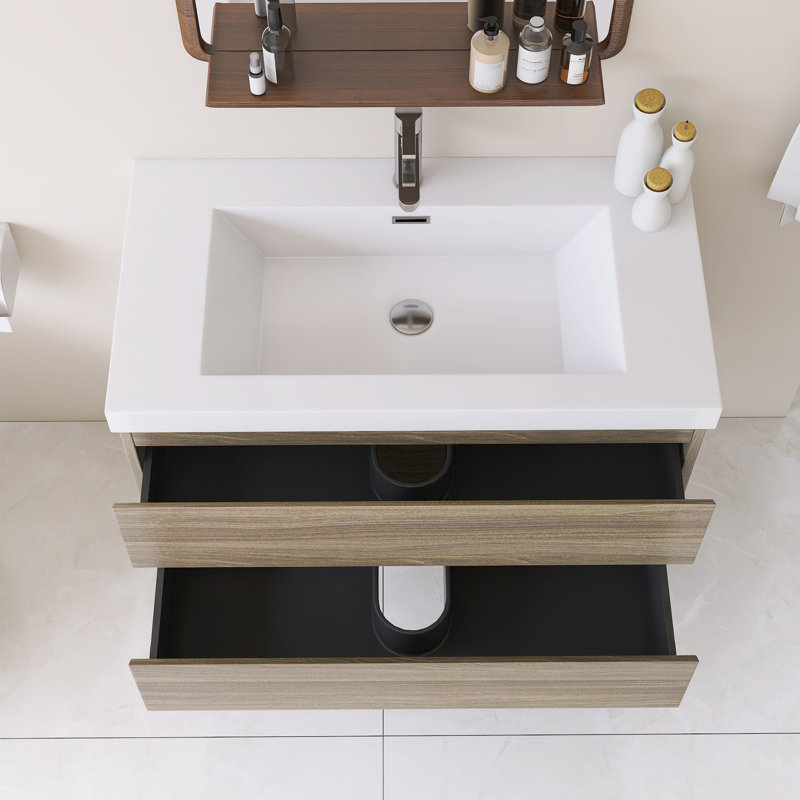 Meuble-lavabo mural simple avec plateau en résine intégré blanc, Gris, 36"