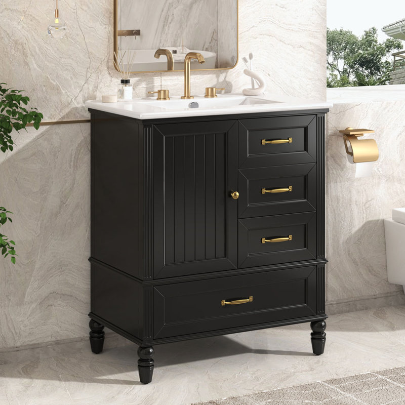 Meuble-lavabo avec lavabo et armoire avec tiroirs, Noir, noir, noir, noir
