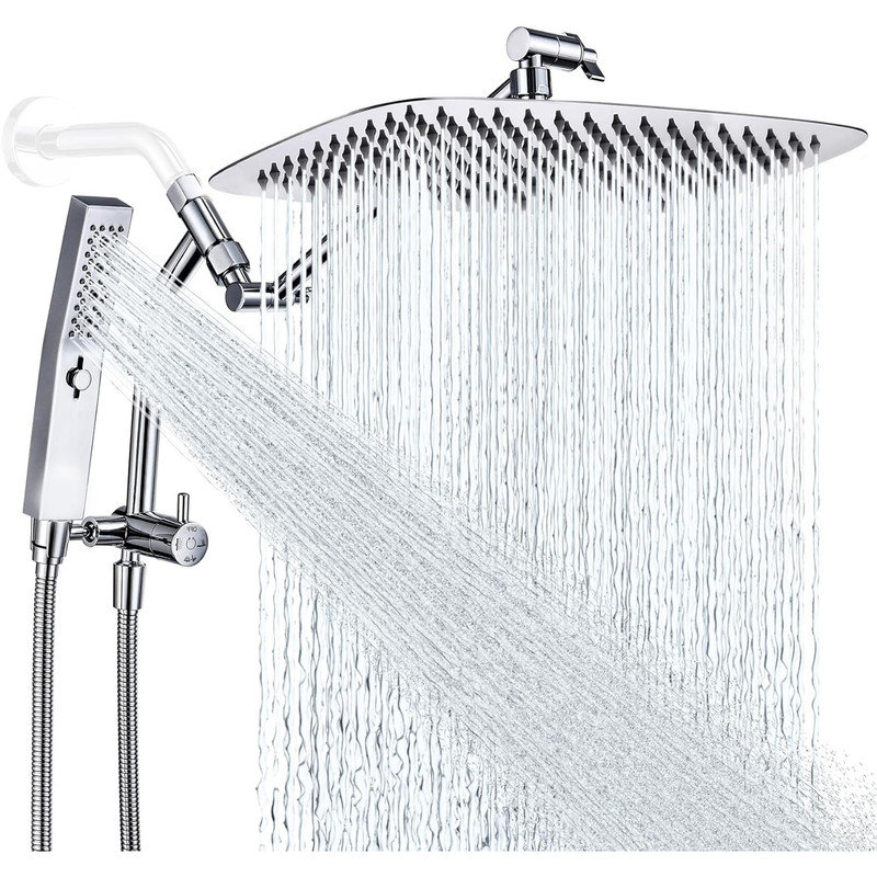 All Metal 14 Inch Shower Head with Massage Mode Handheld, Rain Shower Head with Handheld Spray Combo, Silver