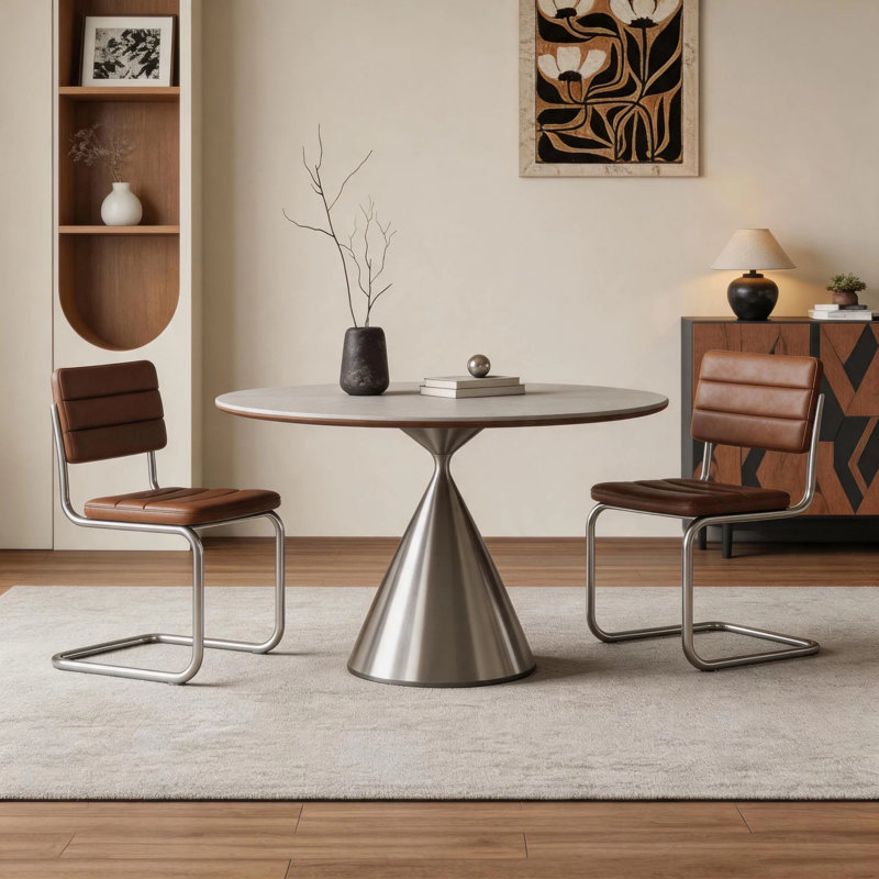 Table de salle à manger ronde moderne de 119 cm (47 po) en pierre frittée avec pied central en acier inoxydable, imitation travertin