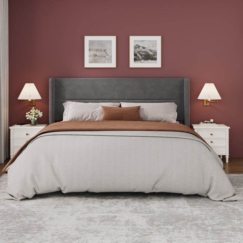 King Size Bed Frame with Wingback Headboard, Velvet Upholstered Platform Bedframe with Wood Slats, No Box Spring Needed, Easy Assembly, Grey