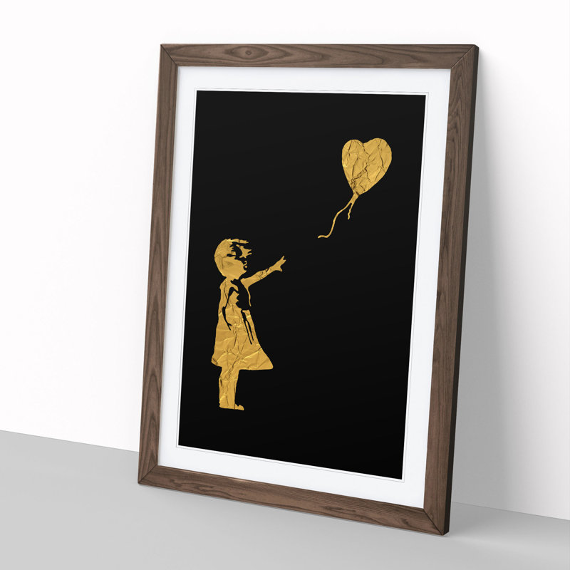 Banksy in Gold Balloon Girl - Picture Frame Graphic Art, 48cm H x 36cm W x 2cm D, Walnut