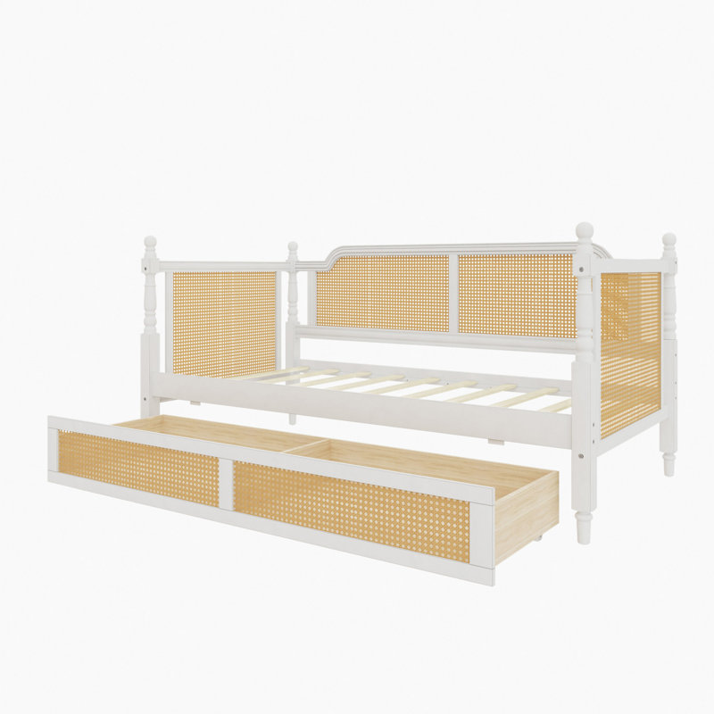 Lit de jour en rotin de style traditionnel avec 2 tiroirs pour un espace limité, chambre d'amis, Lit simple, Blanc antique