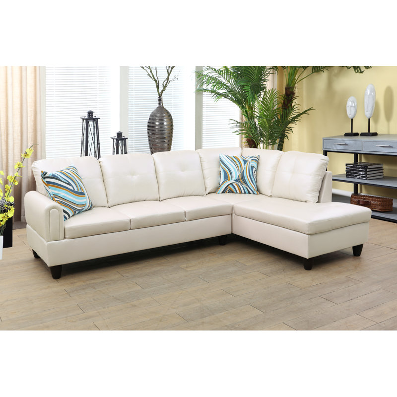 Renford Upholstered L-Shaped Sectional, Right Hand Facing, Beige Faux Leather