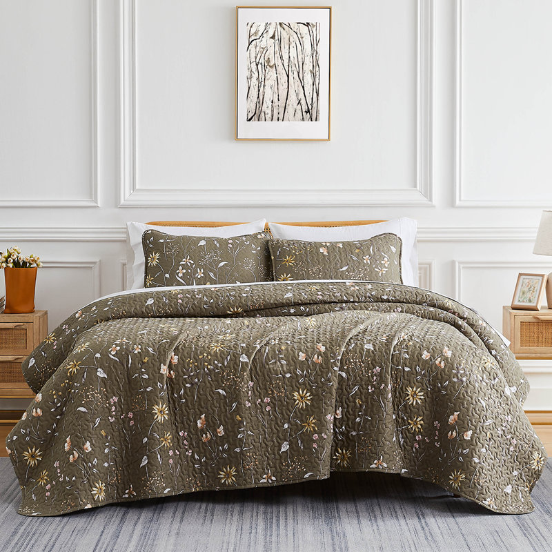 Ensemble de courtepointe réversible en microfibre Secret Meadow, Brun olive, Courtepointe pour lit simple + 1 taie décorative