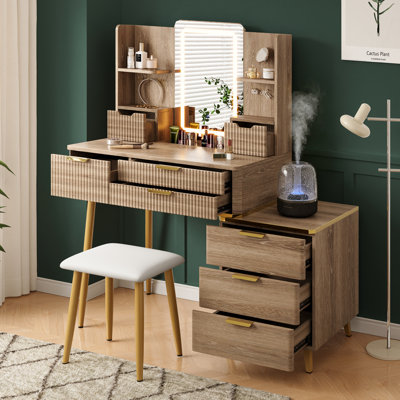 45"W Extendable Makeup Vanity With PU Stool, 7 Drawer ,LED Mirror And Jewelry Storage