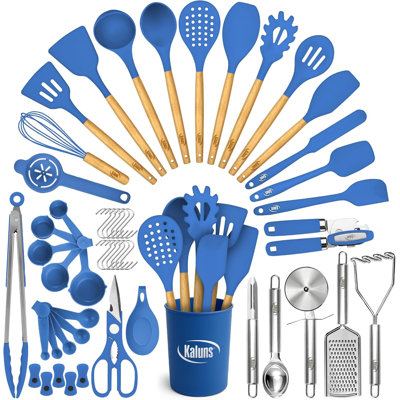 Ensemble d'ustensiles de cuisine en silicone de 50 pièces avec poignées en bois Kaluns, résistant à la chaleur jusqu'à 800 ° F, ensemble d'outils de cuisson antiadhésifs avec ouvre-boîte, presse-agrumes et spatules