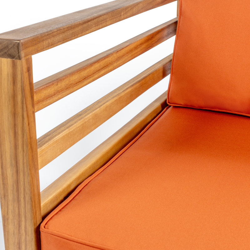 Thom Modern 4-Piece Teak Brown Acacia Wood Outdoor Patio Conversation Set with Loveseat, Chairs, Coffee Table & Removable Orange Cushions