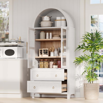 Grand garde-manger arqué de 71 po avec 2 grands tiroirs, armoires de cuisine de style campagnard moderne avec tablettes réglables, porte vitrée, armoire de cuisine polyvalente en bois pour la cuisine, salle à manger
