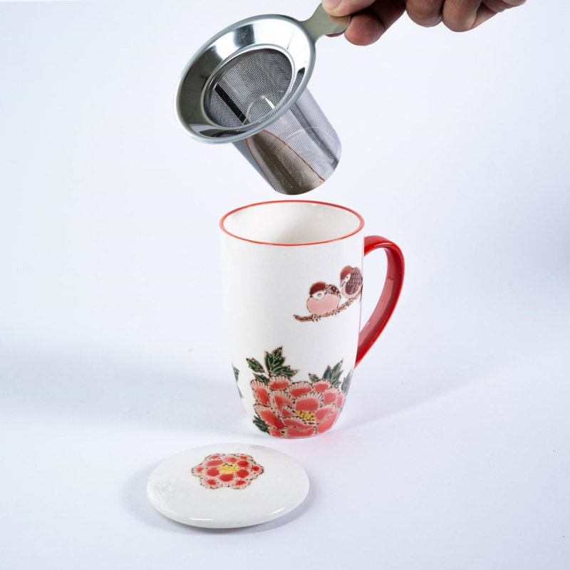 Tasse à thé en porcelaine 15 oz avec couvercle et infuseur en acier inoxydable Twin Sparrows