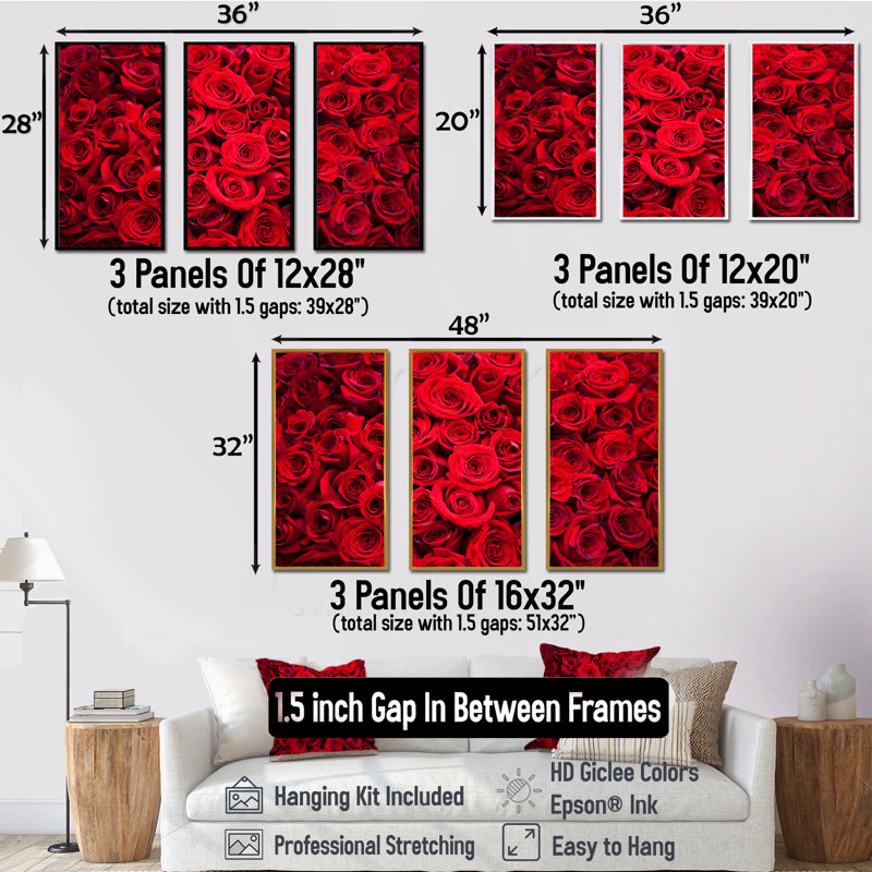 Winter Red Rose - ensemble de 3 reproductions d'art encadrées sur toile florales, H 28 po x l 36 po x P 1 po, Noir