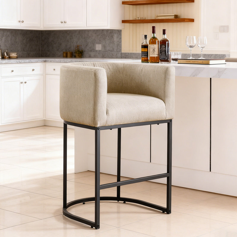 26" Upholstered Counter Height Bar Stool, Camel/Black Frame, Black