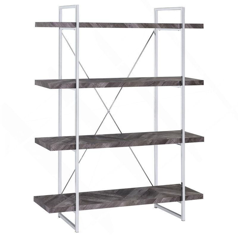 Rustic Grey Herringbone Bookcase With Full-Length Shelf