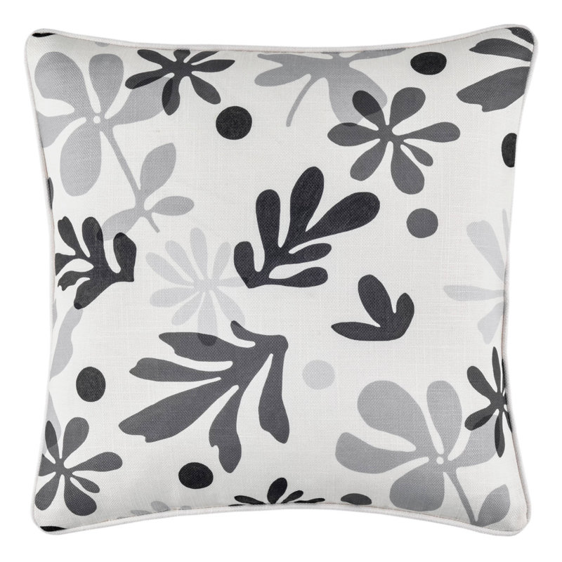 Gray and Black Floral Polyester Outdoor Throw Pillow