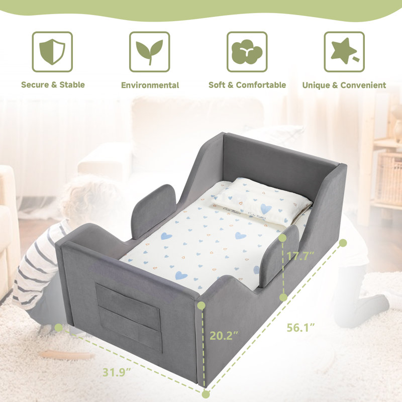 Lit pour tout-petits avec rails de sécurité amovibles et sac de rangement, lit pour enfants pour fille et garçon, lit de bébé standard, lits d'enfant rembourrés de sécurité, conception à plancher bas