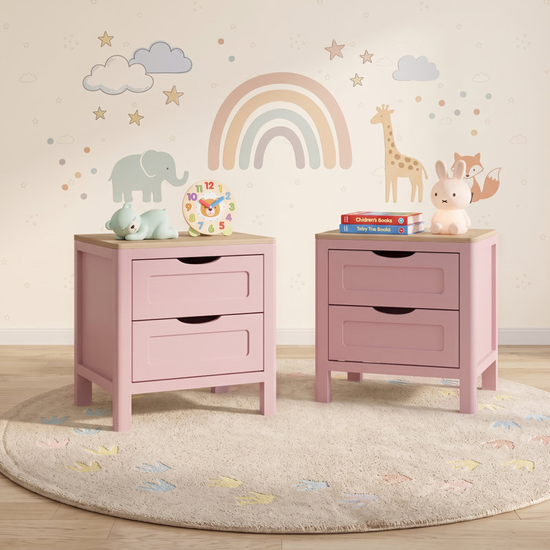 Table de chevet moderne Abra 19,68 po à 2 tiroirs, sans poignée et aux bords arrondis (ensemble de 2), Rose, Ensemble de 2