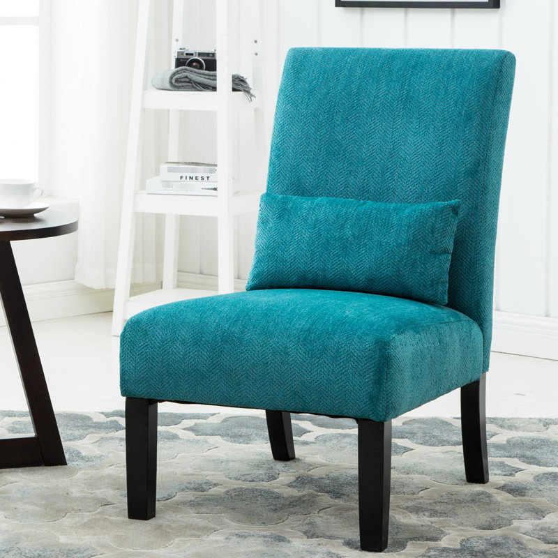 Chaise en tissu de chenille bleu sarcelle avec coussin décoratif pour un look luxueux, abat-jour, pieds en bois massif