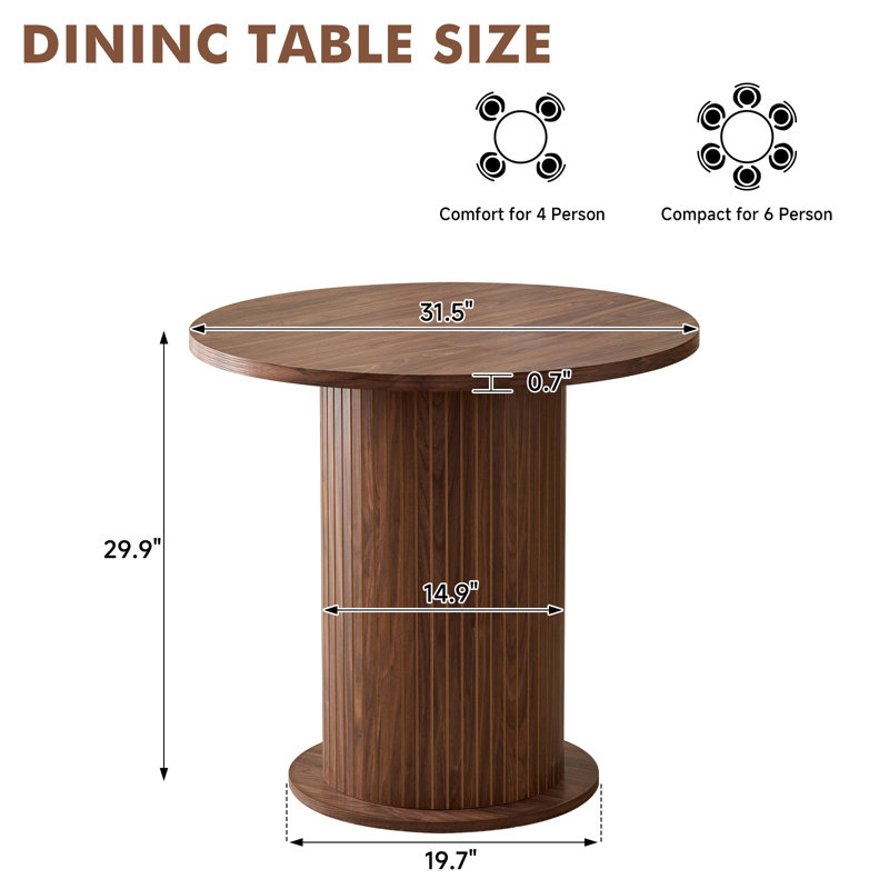 Round Dining Table For 2, Modern Small Pedestal Kitchen Table, Space Saving, For Apartment Dining Living Room 31.5”, Brown