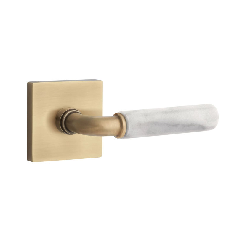Mortaise intérieure Emtek Select Passage avec rosette carrée et tige R-Bar, levier en marbre blanc, Gauche, Nickel satiné