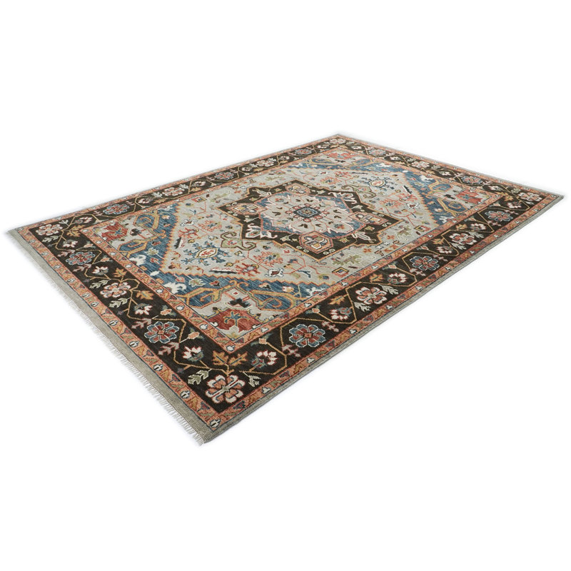 Tapis Oushak gris en laine noué à la main 9 pi 11 po x 14 pi 2 po, Rectangle 9 pi 11 po x 14 pi 2 po