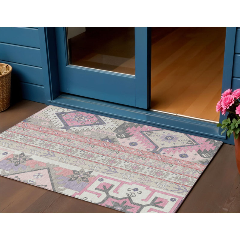 3' X 5' Pink Gray And Ivory Aztec Washable Indoor Outdoor Area Rug