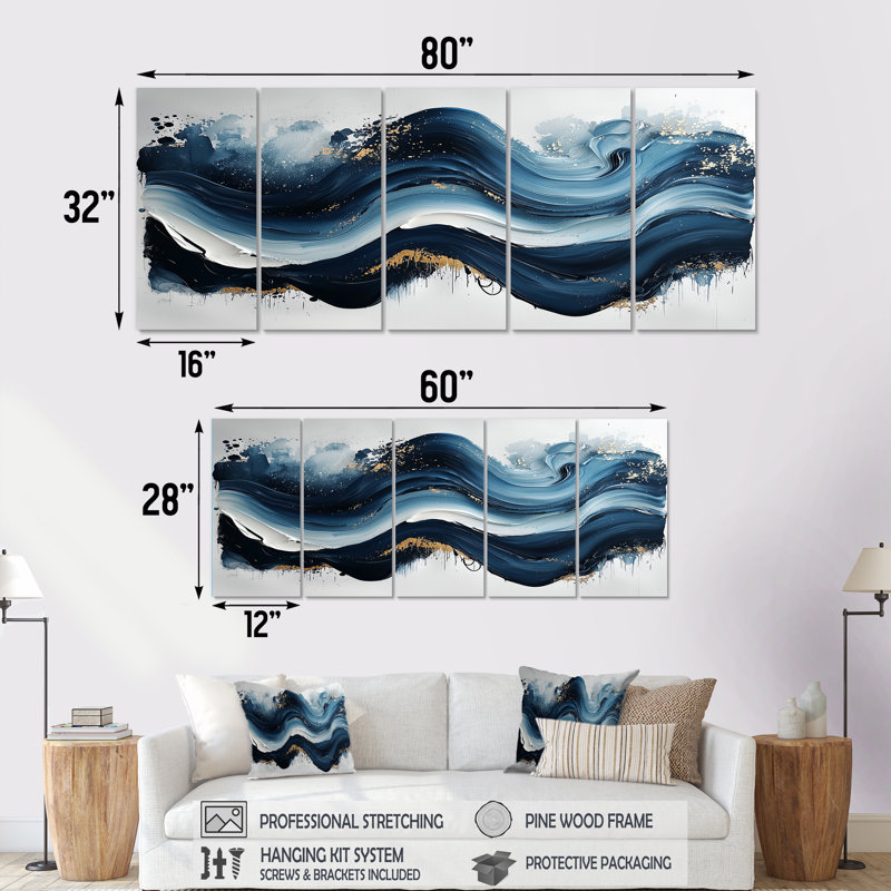 Encre monochrome Echo de Rivr I - Art monochrome - ensemble de décorations murales modernes, H 28 po x l 60 po, 5