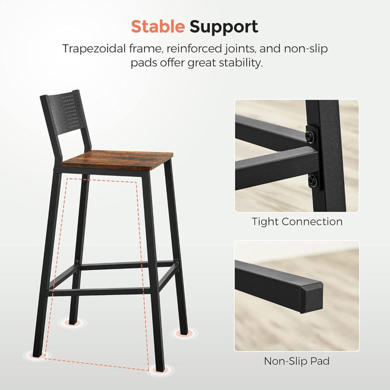 Bar Stools, Set Of 2 Bar Chairs, Tall Bar Stools With Backrest, Industrial In Party Room, Rustic Brown And Black