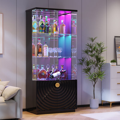 Armoire bar 71 po en verre avec éclairage à DEL RVB et capteurs de mouvement, armoire de rangement verrouillable à 3 niveaux