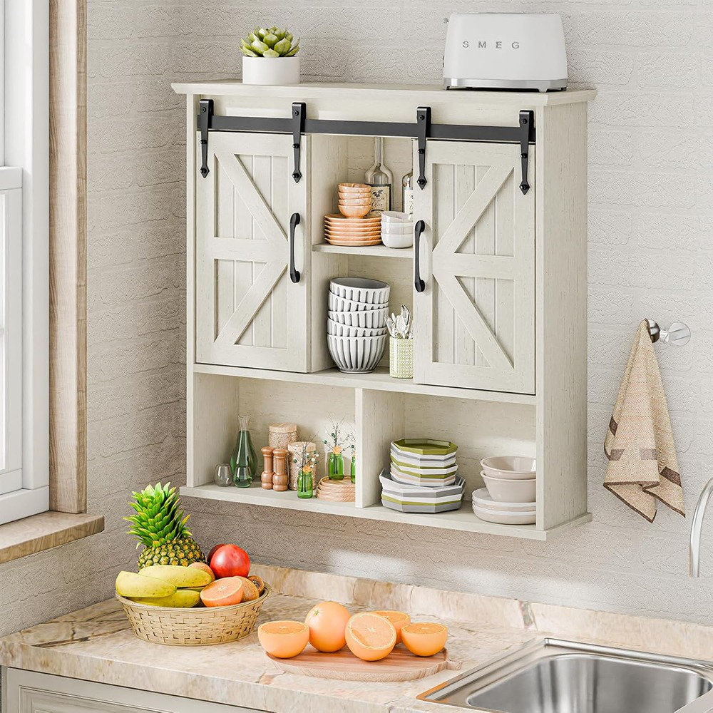 Ophelia & Co. White Farmhouse Bathroom Wall Cabinet – Double Sliding ...
