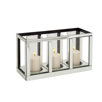  Wood Hurricane Silver Glass Pillar 3 Glass Sleeve Decorative Candelabra with Mirrored Accents