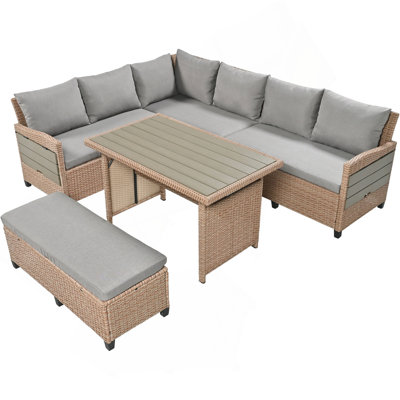 5-Piece Outdoor Patio Rattan Sofa Set, Sectional PE Wicker L-Shaped Garden Furniture Set With 2 Extendable Side Tables, Dining Table And Washable Covers For Backyard, Poolside, Indoor